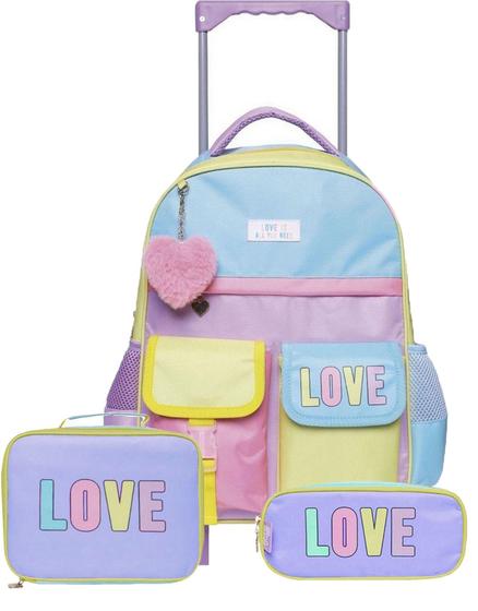 Imagem de Mochila Escolar Infantil De Rodinhas  Menina Love Impermeável + Lancheira Térmica + Estojo Yins