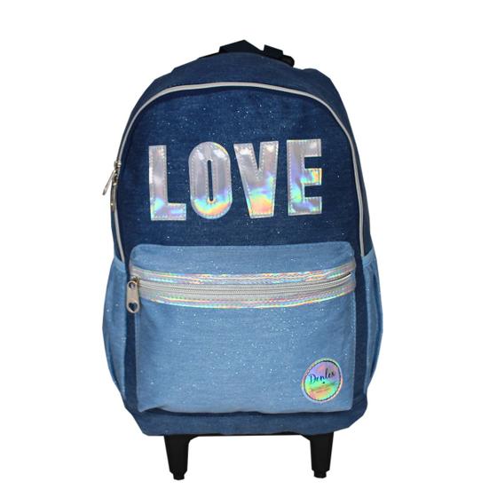 Imagem de Mochila Escolar Infantil E Juvenil De Rodinhas Love Denlex Holográfica