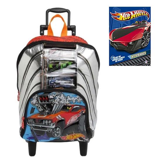 Imagem de Mochila Escolar Infantil Hot Wheels Prata Porta Carrinhos Tam M Rodinha Carrinho