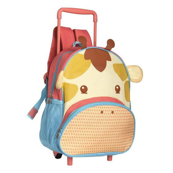 Imagem de Mochila Escolar Infantil Passeio Girafa Azul c/ Rodinhas Bolsos Alças Zíper p/ Bebês Crianças Clio Pets Zoo Bichinhos Animais 3D