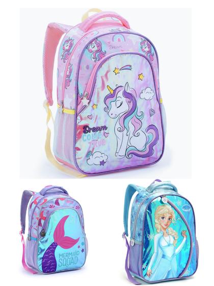 Imagem de Mochila Escolar Infantil Sereia Unicórnio Frozen Seanite Holográfica Menina Feminina