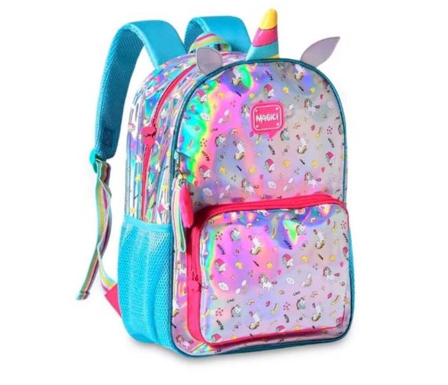 Imagem de Mochila Escolar Infantil Unicórnio Clio Holográfico Metalizado Rosa Menina Feminina