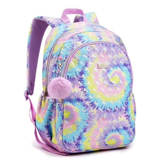 Imagem de Mochila Escolar Juvenil Feminina Tie Die Chaveiro Pompom Seanite