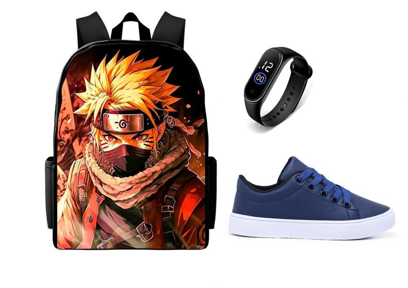 Imagem de Mochila Escolar Juvenil Lançamento Naruto Mais Tênis Casual E Relógio Digital