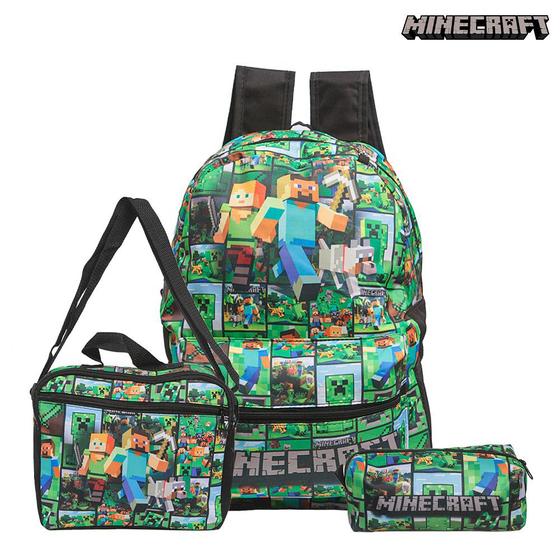 Mochila Escolar Juvenil Minecraft De Costa Lancheira+Estojo Menor preço em Mochila Escolar Juvenil Minecraft De Costa Lancheira+Estojo