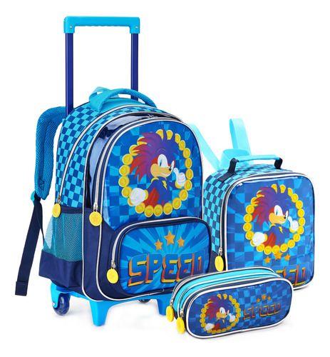 Imagem de Mochila Escolar Lancheira Estojo Infantil Sonic Azul Menino