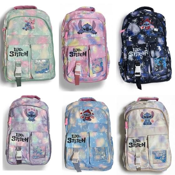 Imagem de Mochila Escolar Lilo Stitch Infantil Volta As Aulas Bolsa Envio Sortido Com 2 Chaveiro Stitch e Angel