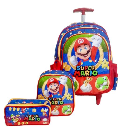 Mochila Escolar Mario Bross Rodinha Kit Lancheira+Estojo+3 Repartiçôes Menor preço em Mochila Escolar Mario Bross Rodinha Kit Lancheira+Estojo+3 Repartiçôes