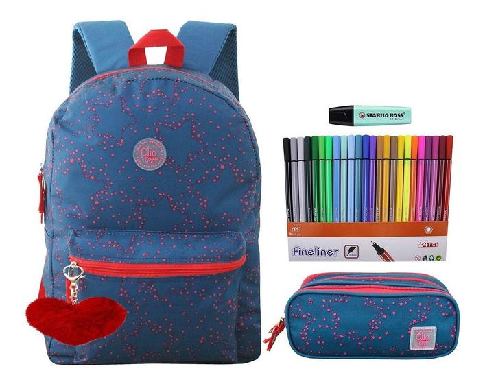 Imagem de Mochila Escolar Menina Estrelas +Estojo Zíper Triplo +1 Stabilo Azul + 24 canetas Moure Jar 0,4mm