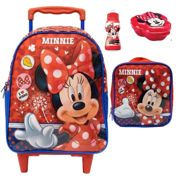 Imagem de Mochila Escolar Minnie Laço Mouse Tam G Infantil Rodinhas Lancheira Térmica