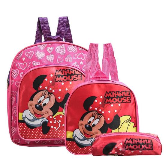 Imagem de Mochila Escolar Minnie Mouse Criança Costas Lancheira+Estojo