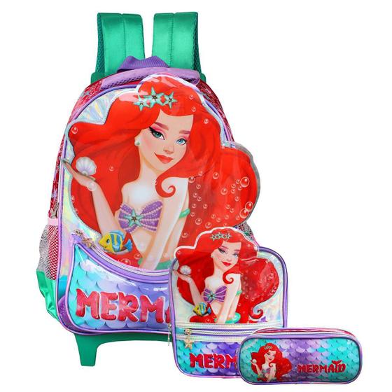 Imagem de Mochila Escolar Rodinhas + Lancheira + Estojo Sereia Mermaid