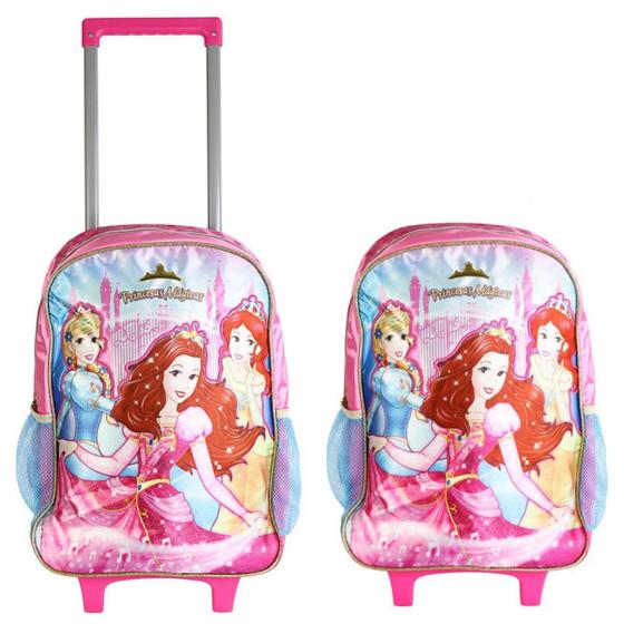 Imagem de Mochila Escolar Rosa Princesas Magicas Infantil com Rodinhas Alça Retrátil Alças Ajustáveis para as Costas