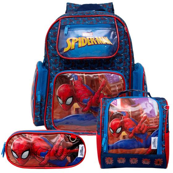 Imagem de Mochila Escolar Spider Man Azul Herói Costa Lancheira+Estojo