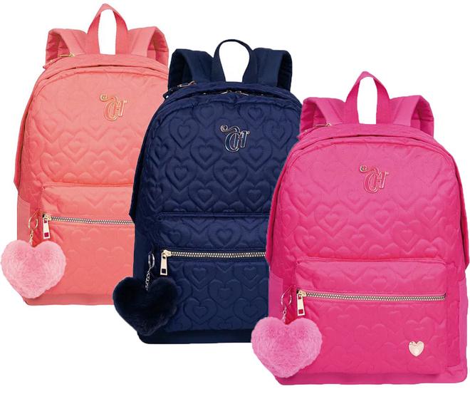 Imagem de Mochila Feminina Capricho Bolsa Faculdade Escolar Anti Furto Meninas Grande Costa Chaveiro Pom Pom Rosa Original