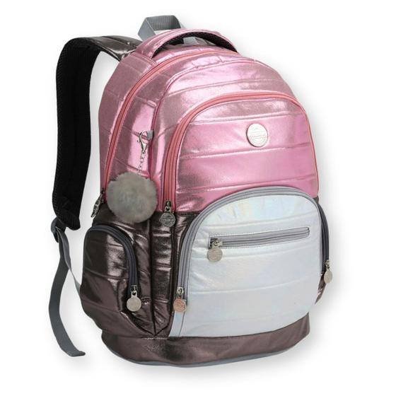 Imagem de Mochila Feminina Juvenil Metalizada Pompom Seanite