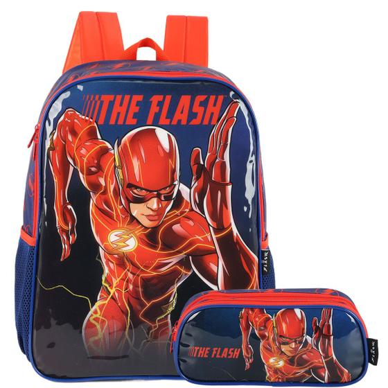 Imagem de Mochila Flash Alças Dc Infantil + Estojo Kit Escolar Meninos Azul