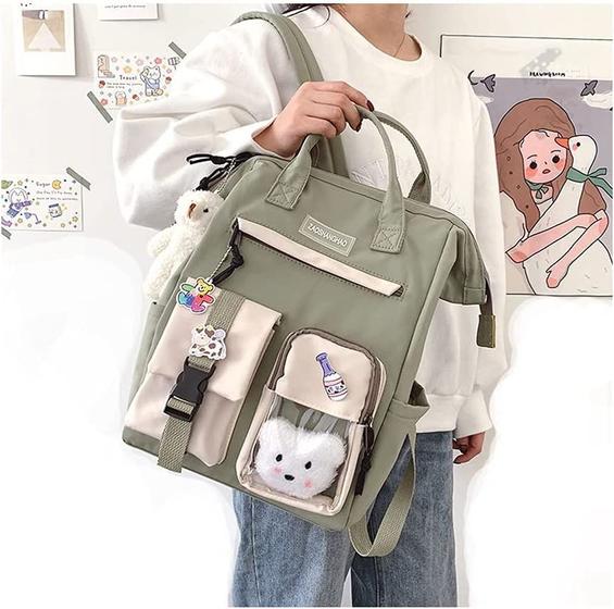 Imagem de Mochila fofa com alfinete e acessórios, mochila escolar Kawaii para meninas adolescentes (verde)