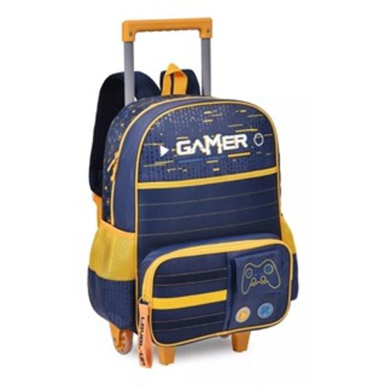 Imagem de Mochila Gamer De Rodinhas Vídeo Game Escolar Infantil C/ Rodinhas De Silicone Azul/Amarelo