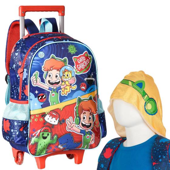 Imagem de Mochila Gato Galactico C/ Capuz Infantil Bolsa Rodinhas Azul