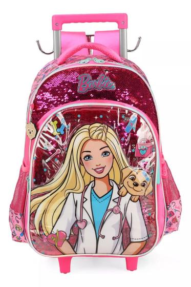 Imagem de Mochila Infantil Barbie Paetê Pet Cachorrinho Rodinhas Tam G Alcas