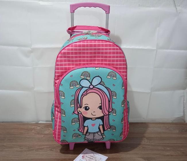 Imagem de Mochila Infantil com Rodinhas Cor Rosa e Azul com Mascote Menina