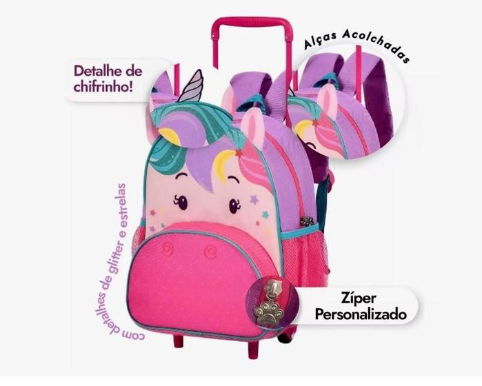 Imagem de Mochila Infantil Com Rodinhas Unicórnio - Roxo com Alça Escola Bichinhos Creche Clio