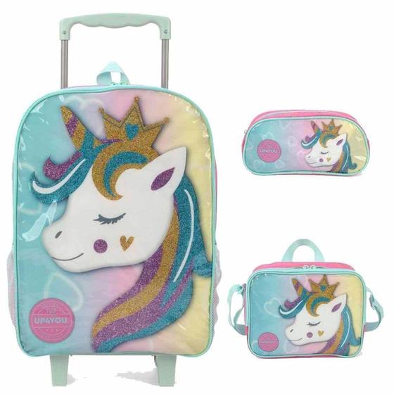 Imagem de Mochila Infantil com Rodinhas Unicórnio Up4you Petit com Lancheira e Estojo