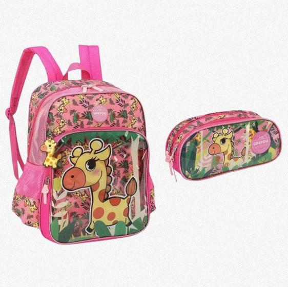 Imagem de Mochila Infantil Costas + Estojo Duplo Girafa Pink Luxcel