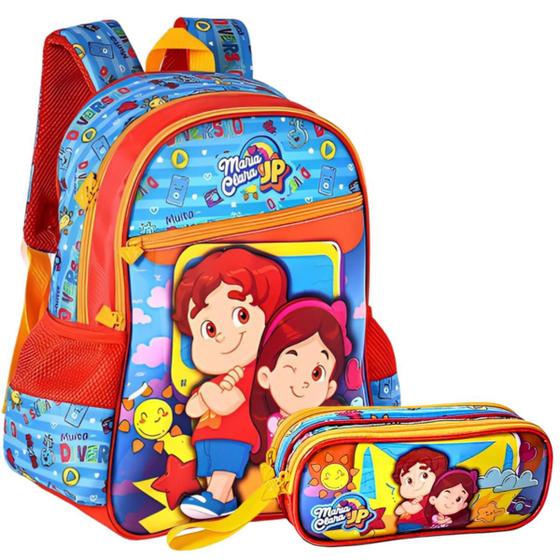 Imagem de Mochila Infantil E Estojo De Dupla Repartição Reforçada Azul Escolar Maria Clara e JP Youtubers Para Crianças