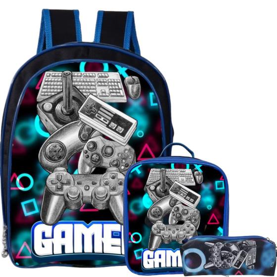 Imagem de Mochila Infantil Escolar Meninos Masculino Criança Bolsa + Estojo Grande + Lancheira Térmica 