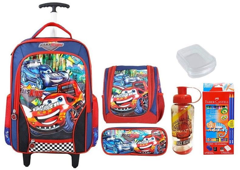 Imagem de Mochila Infantil Escolar Rodinhas Masculina Carros Kit Lapis