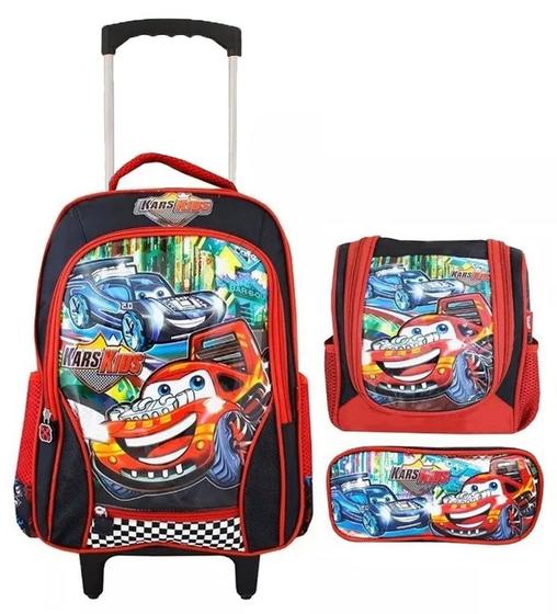 Imagem de Mochila Infantil Escolar Rodinhas Masculina Carros Kit