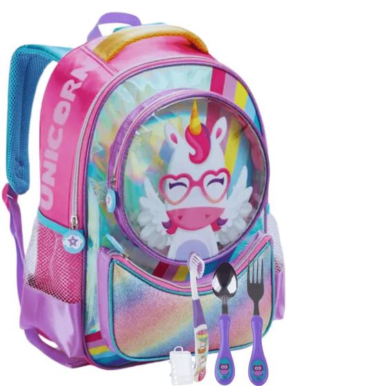 Imagem de Mochila Infantil Escolar Unicórnio Com Tecido Holográfico