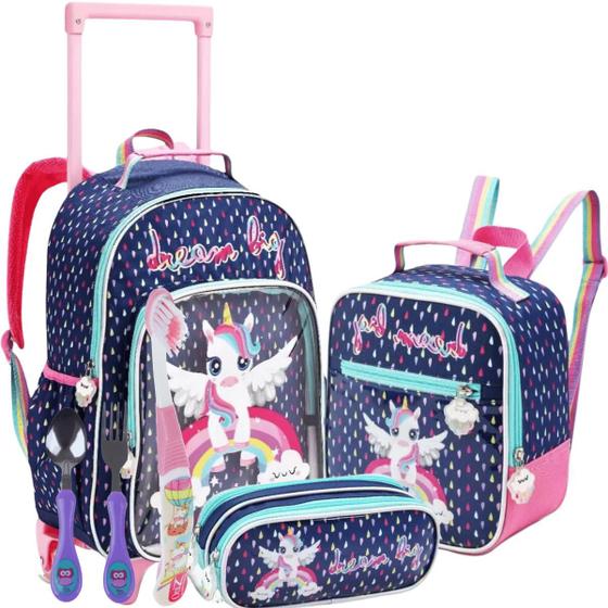 Imagem de Mochila Infantil Escolar Unicórnio Rodinhas kit Completo