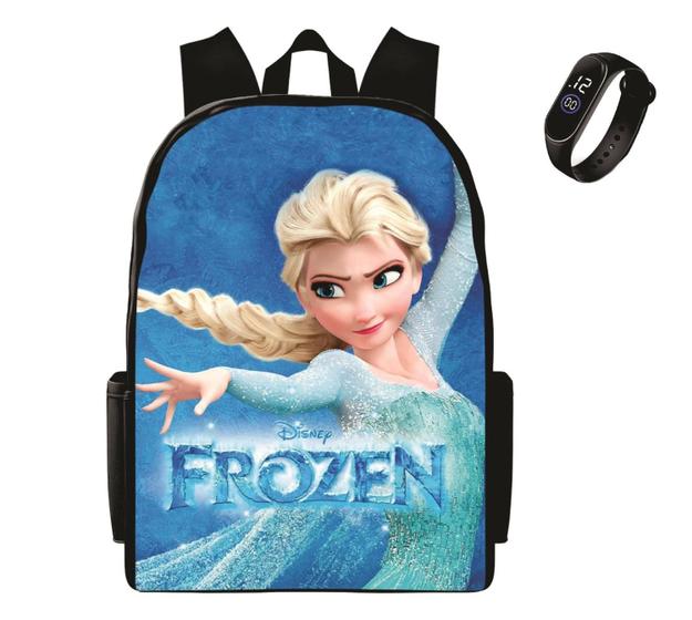 Imagem de Mochila Infantil Feminina Novidade Lançamento Frozen Mais Relogio Digital Led De Pulso