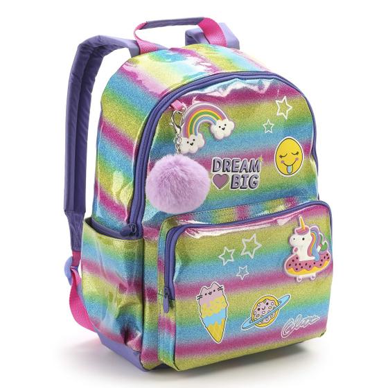 Imagem de Mochila Infantil Feminina Unicórnio Arco-Íris Escolar Costas Glitt