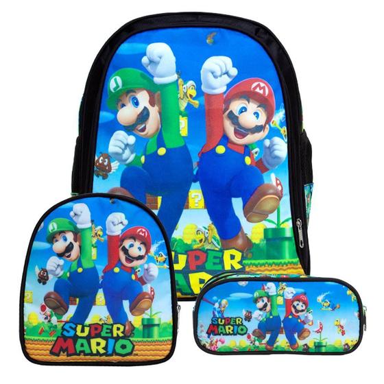 Imagem de Mochila Infantil Masculina Super Mario Bros Lancheira Estojo