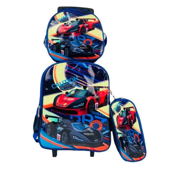 Imagem de Mochila Infantil Rodinha Carros Azul Lancheira Estojo Menino