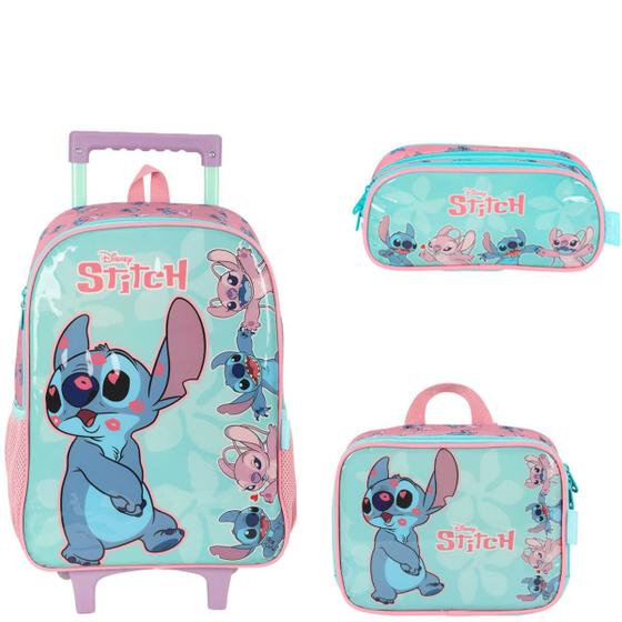 Imagem de Mochila Infantil Rodinha Stitch Com Lancheira E Estojo Verde