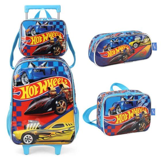 Imagem de Mochila Infantil Rodinhas Hot Wheels Com Lancheira E Estojo Azul 