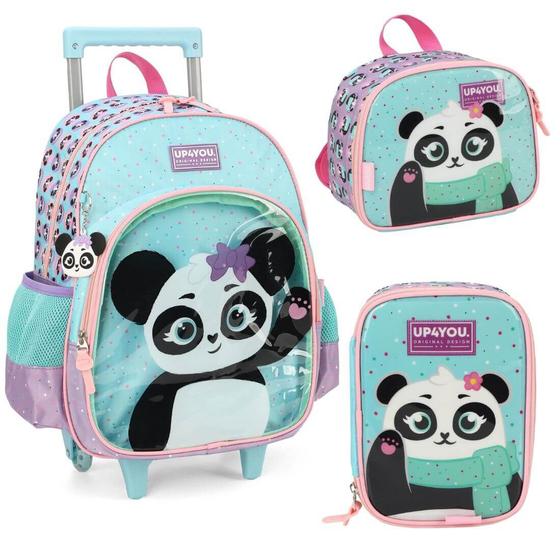 Imagem de Mochila Infantil Rodinhas Panda Com Lancheira E Estojo Verde