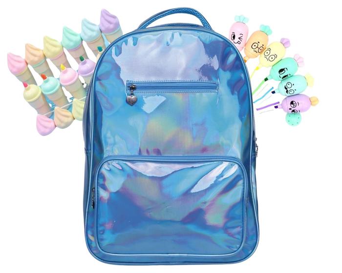 Imagem de Mochila Juvenil Escolar Holográfica 17,5 Azul c/ Estojo