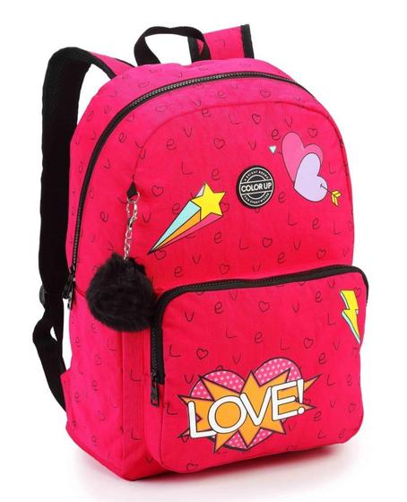 Imagem de Mochila Juvenil Feminina Color Up Love Em Crinkle Com Pompom