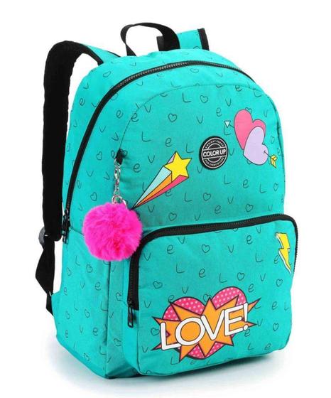 Imagem de Mochila Juvenil Feminina Color Up Love Em Crinkle Com Pompom - Seanite