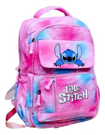 Imagem de Mochila juvenil stitch com varios bolsos costas grande resistente