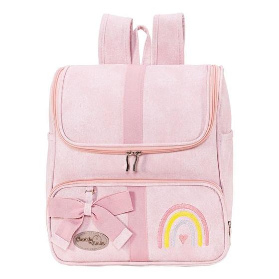 Imagem de Mochila Kids Arco Íris Rosa Bordado Com Laço Decorativo Tecido Jacquard