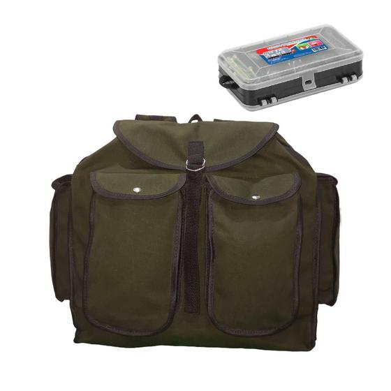 Imagem de Mochila lona camping pesca ferramentas em lona 4 bolsos G verde Ref. 0002 COM ESTOJO