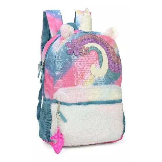 Imagem de Mochila Luxcel Unicórnio Rosa Gatinha Escolar Pelúcia Menina