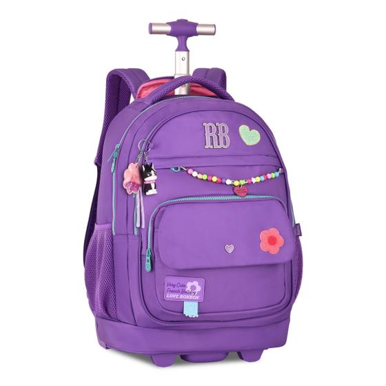 Imagem de Mochila Mala Escolar de Rodinhas Rebecca Bonbon Grande Com Chaveiro e Pingentes 6 Bolsos